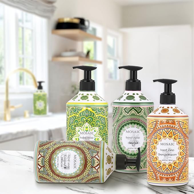 Mosaic Liquid Hand Soap / Wash Gift Set, Ideal Bathroom Kitchen Hand Soap Set , Olive Oil + Coconut & Hibiscus + Gardenia + Orange Blossom, 4 x 24.6 fl oz Each Liquid Soap Bottle
