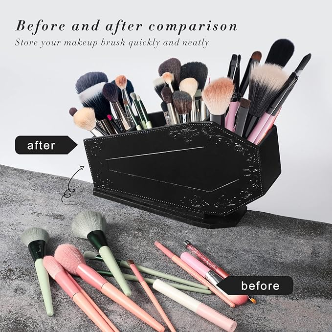 Maitys Coffin Makeup Brush Holder Gothic Wooden Organizer Spooky Coffin Case Gifts for Women Cosmetic Display Cases Spooky Home Office Pencil Brushes Organizer Bathroom Christmas Decor Accessories