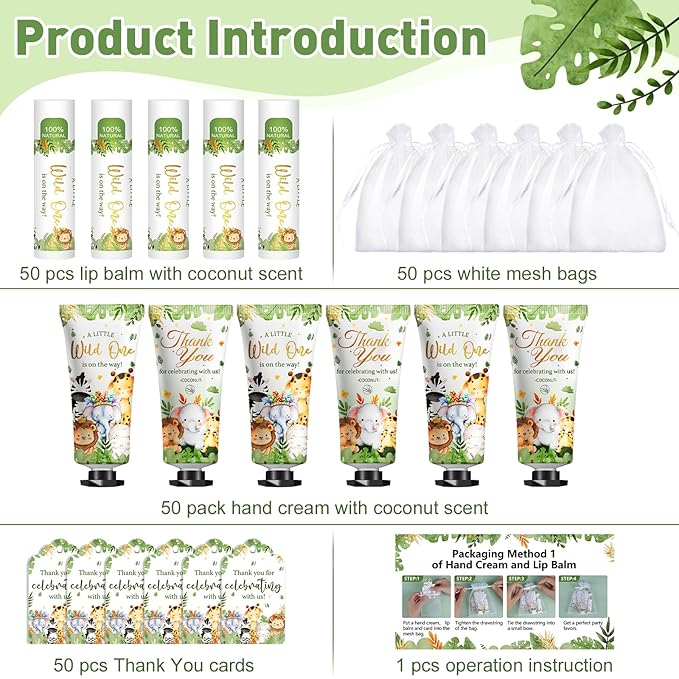 50 Pack Bulk Hand Cream and Bulk Lip Balm Gifts Sets, Baby Shower Favors and Bridal Shower Favors for Guests with Thank You Card and Organza Gift Bags, Birthday Gifts, Appreciation Gifts (Animal)