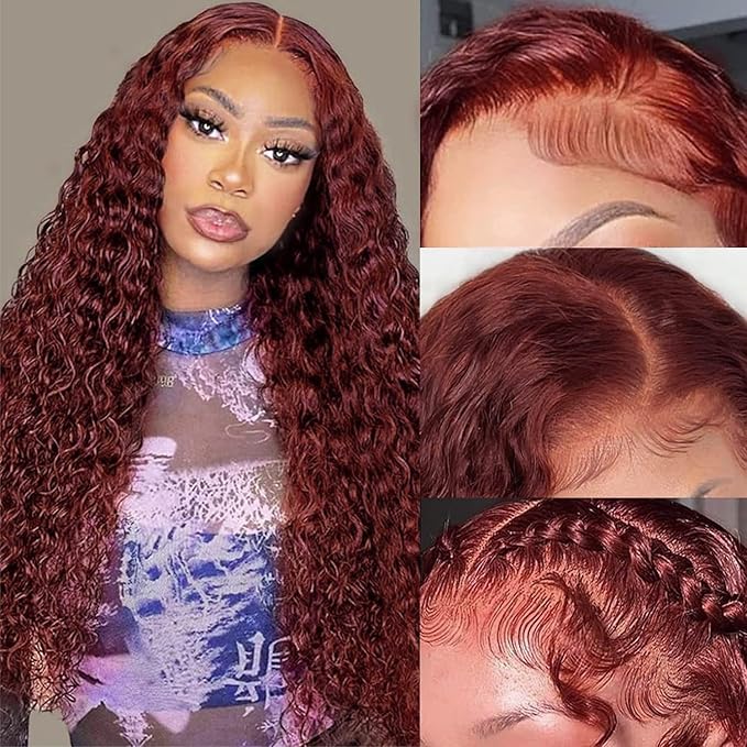 32 Inch Reddish Brown Lace Front Wigs Human Hair 13x6 Reddish Brown Curly Lace Front Wig 180 Density 33# Deep Wave HD Lace Frontal Wigs Human Hair Pre Plucked for Women Auburn Colored Human Hair wig
