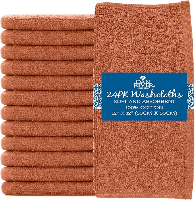 DAN RIVER 100% Cotton Washcloths 24 Pack Premium Quality Face and Body Cloth, Quick Dry Essential Towels for Bathroom, Hand, Kitchen & Cleaning, Baby Rugs | 12X12 in | 400 GSM | Orange