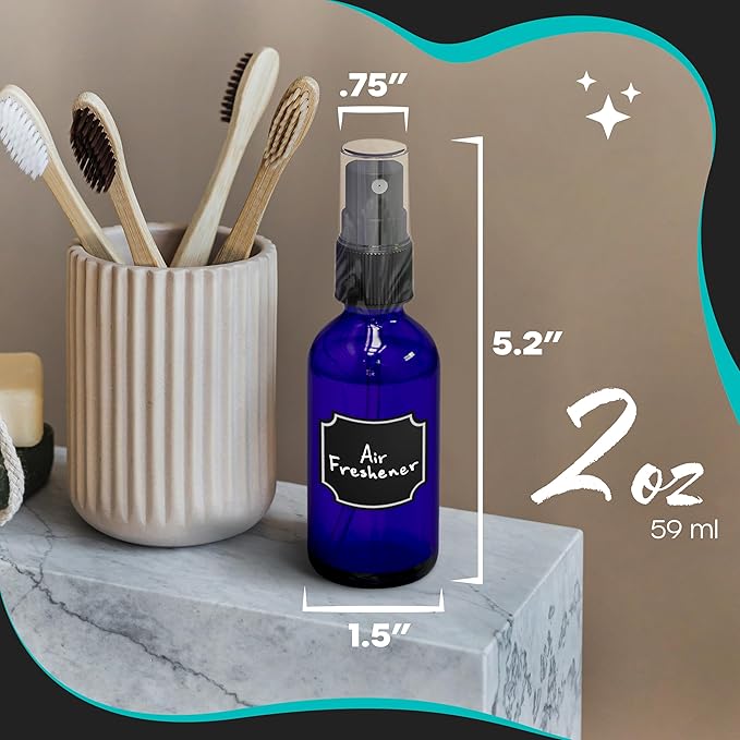 Nevlers Cobalt Blue 2 Oz Glass Spray Bottles 48 Pack | Small Spray Bottle for Hair Set w/Shrink Wrap, Funnel, Brush, Labels & Marker | UV Protected Atomizer Sprayer Glass Travel Containers for Liquids