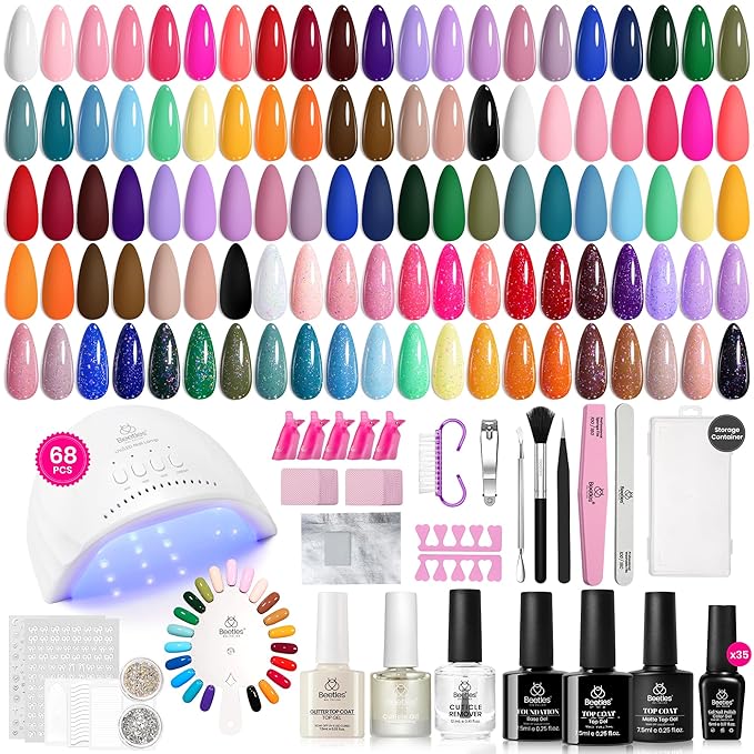 Beetles Gel Nail Polish Kit with U V Light 69 Pcs Emotional Spectrum 35 Colors Gel Polish Nail Kit with Base and Matte&Glossy Top Coat Soak Off All Season Gel Nail Kit Manicure Tools Gifts for Women