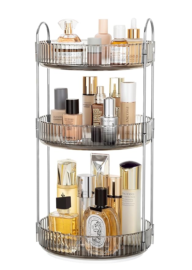 360 Rotating Makeup Organizer Clear Gray 3 Tier Bathroom Organizer Spinning Perfume Organizers, Skincare Organizers Dresser Organizer Makeup Carousel with Silver Handle Cosmetic Brush Storage