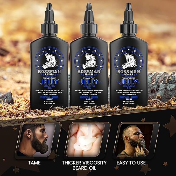 Bossman Jelly Beard Oil for Men - 3 Pack (12 oz in Total, Royal Oud Scent) – Softens, Moisturizes & Conditions with Natural Ingredients