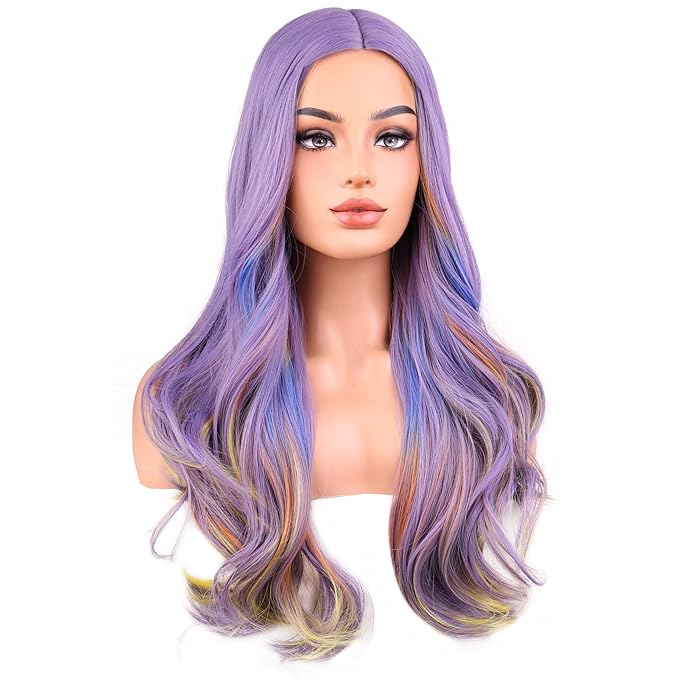 BERON Purple Mixed Colorful Long Wavy Wig for Women Girls Middle Part Heat Resistant Synthetic Hair Wigs for Cosplay Party Daily or Use