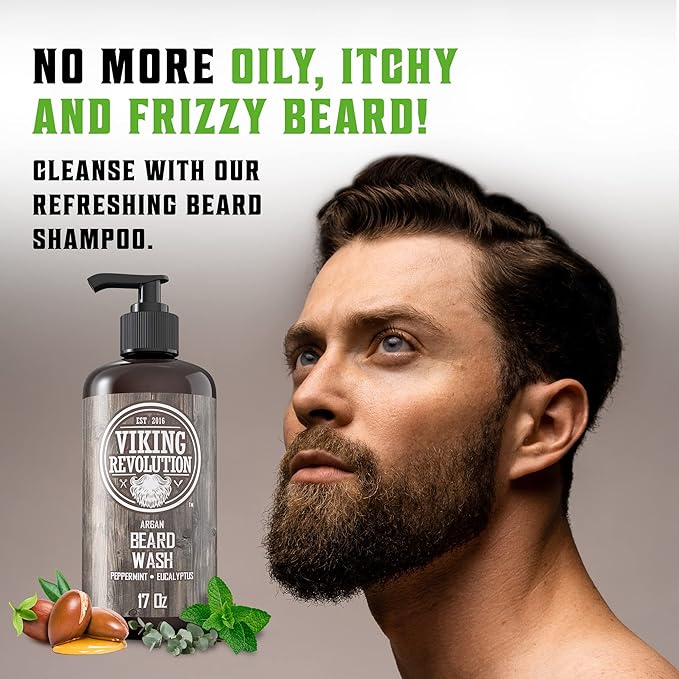 Viking Revolution Beard Wash & Conditioner Set w/Argan & Jojoba Oils – Softens, Smooths & Strengthens Beard Growth - Natural Peppermint and Eucalyptus Scent - Shampoo (17 oz)
