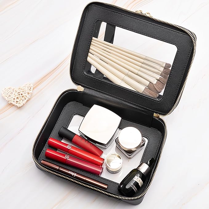 Aveniee Clear Makeup Bags, Double Layer Cosmetic Bags with Separate Brush Compartment, Large Travel Toiletry Bag Cosmetic Case, Travel Accessories Organizer for Women(2 Layers, Black)