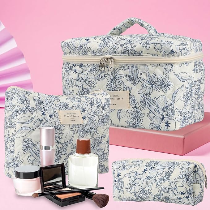 Cute Makeup Bag for Women(3 Pcs), Quilted Floral Coquette Aesthetic Make up Bags, Travel Cosmetic Bags Toiletry Organizer Bag(NavyBlue Flower)