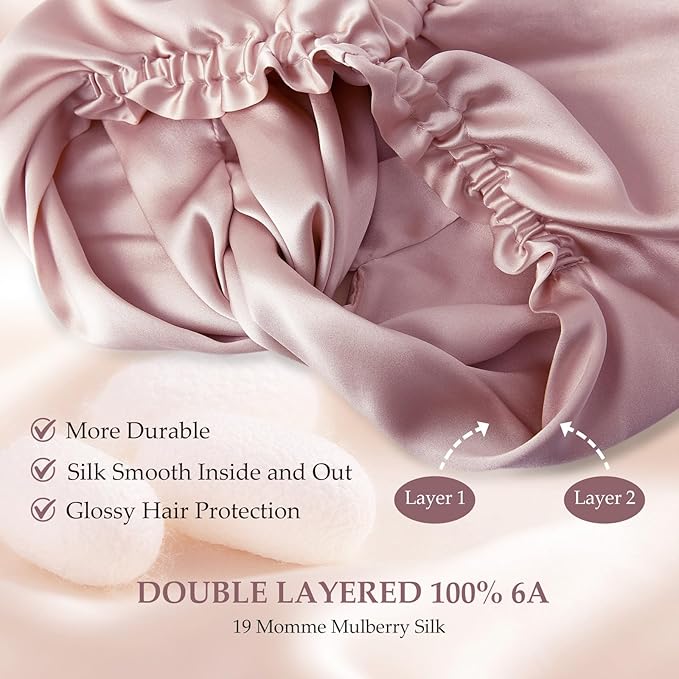 Silk Bonnet for Sleeping Women, 100% Mulberry Silk Sleep Cap with Elastic Band, Real Mulberry on Both Sides, ‌Fuchsia Pink