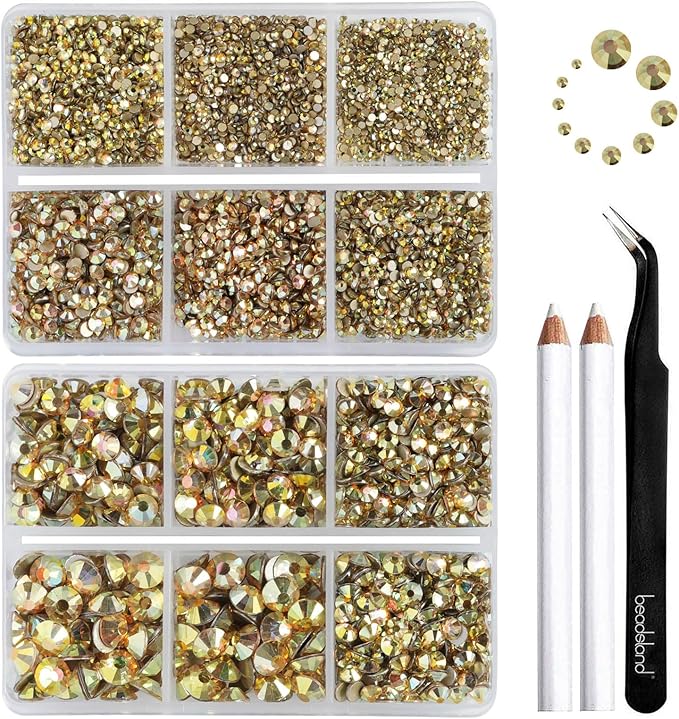 Beadsland 8300PCS Flatback Rhinestones, Gold Rhinestone Nail Gems Round Crystal Rhinestones for Crafts, Mixed 10 Sizes with Wax Pencil and Tweezer Kit, SS3-SS30, Metal Sunlight