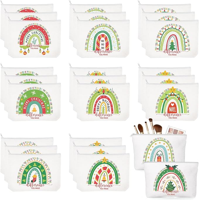 Sieral 30 Pcs Rainbow Canvas Makeup Bags Bulk Housekeeping Week Appreciation Gifts Inspirational Cosmetic Bags with Zipper Thank You Gifts for Teacher Employee Coworker Volunteer Nurse(Joyous)