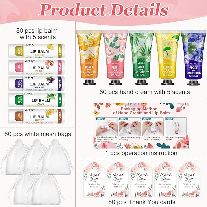 80 Sets Bulk Hand Cream and Bulk Lip Balm Gifts, Mothers Day Gifts, Baby Shower Party Favors and Bridal Shower Gifts for Guests with Thank You Card Organza Bags, Teacher Appreciation Gifts for Women