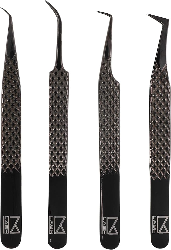 M LASH Tweezers for Eyelash Extensions (Set of 4) - Professional Lash Extension Tweezers - Japanese Steel, Diamond Grip