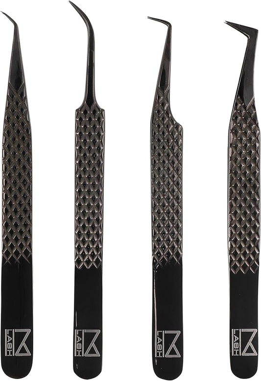 M LASH Tweezers for Eyelash Extensions (Set of 4) - Professional Lash Extension Tweezers - Japanese Steel, Diamond Grip