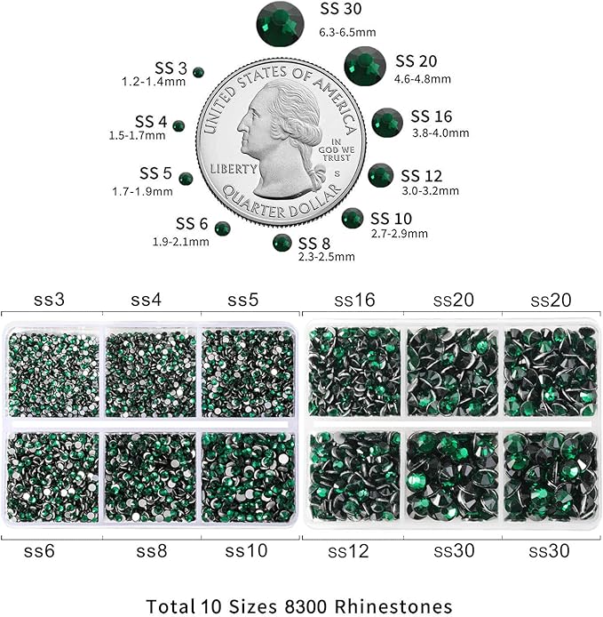 Beadsland 8300PCS Flatback Rhinestones, Green Rhinestone Round Crystal Rhinestones for Crafts, Mixed 10 Sizes with Wax Pencil and Tweezer Kit, SS3-SS30, Emerald
