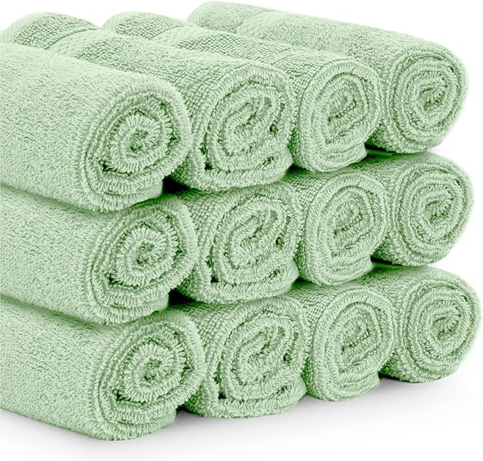 White Classic Luxury Washcloths for Bathroom-Hotel-Spa-Kitchen-Set - Circlet Egyptian Cotton - Highly Absorbent Hotel Quality Face Towels - Bulk Set of 12-13x13 Inch (Lt Green)