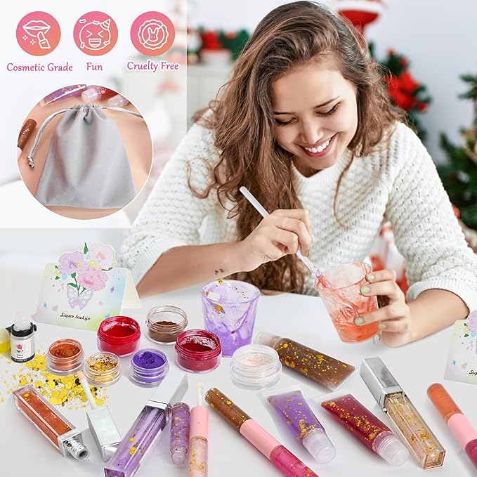 JCOOS Lip Gloss Making Kit, Make Your Own Lip Gloss Kit for Women Beginner, Girls, Diy Lipgloss Making Kits Lip Oil, Moisturizing Base, Pigments, Tubes, Women Gifts Unique, Popular Teen Girl Stuff