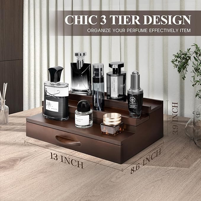 EOSAHR Farmhouse Wooden Cologne Organizer for Men - 3 Tier Perfume Stand Organizer for Dresser with Storage Drawer and Hidden Compartment - Great Gift for Men (Retro Brown)