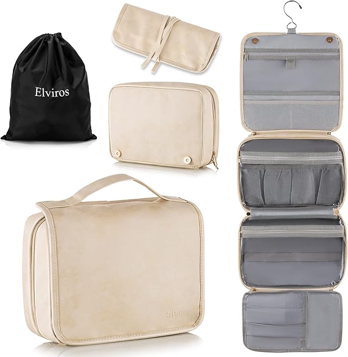 Elviros Hanging Travel Toiletry Bag for Women, 3-in-1 Large Makeup Bag and Cosmetic Organizer, Vegan Leather Waterproof Skincare Case for Travel Size Toiletries and Accessories