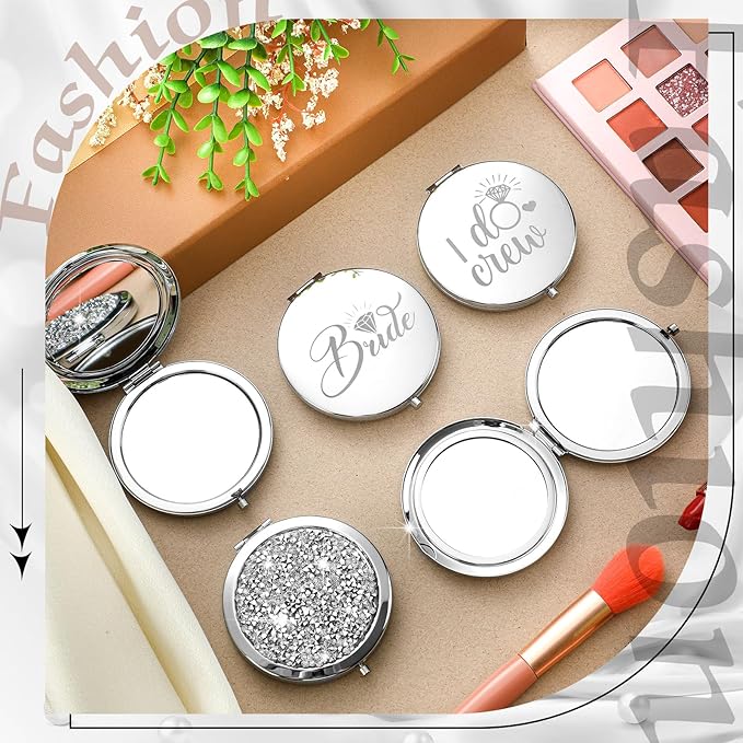 Barydat 10 Pieces Bridesmaid Gifts Set Magnifying Compact Mirror Bride I Do Crew Bridesmaid Proposal Gifts Travel Small Mirror for Purse Makeup Pocket Mirror for Women Wedding Party (Silver)