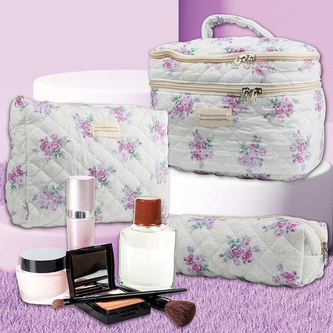 Dual Layer Cute Makeup Bag for Women(3 Pcs), Quilted Floral Coquette Aesthetic Make up Bags, Travel Cosmetic Bags Toiletry Organizer Bag(Purple Grass)