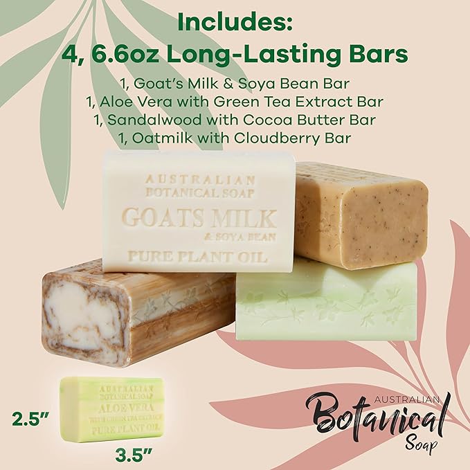Australian Botanical Soap Goats Milk Sandalwood Oat Milk and Aloe Vera 6.6 oz Luxury Soap Bars Enriched with Shea Butter, Woodsy Assorted Pack of 4