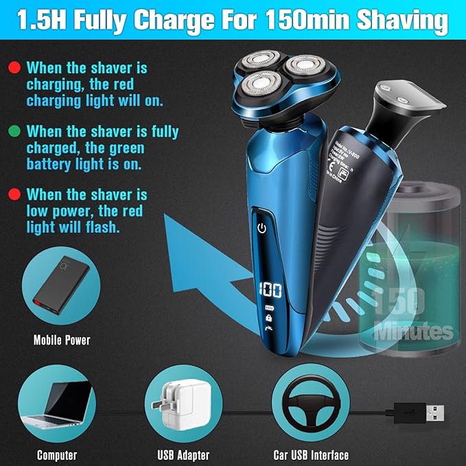 Electric Razor for Men,Men’s Electric Shavers Rotary,LED Display 100% Waterproof Cordless Razor, Wet/Dry Shaving,Electric Shaver for Men Replaceable Blades Portable Travel Razors