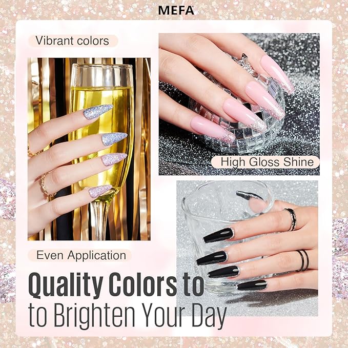 MEFA Glitter Nail Polish Set 6 Colors, Chrome Platinum Sparkly Shiny Black Silver Pink Champagne Turquoises Gel Polish Kit Soak Off Nail Art Design at Home DIY Manicure Kit Gifts for Women