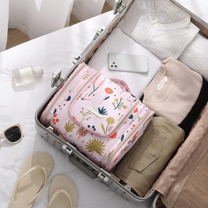 Lychii Hanging Toiletry Bag for Women, Large Water-Resistant Cosmetic Makeup Bag Travel Organizer - Floral