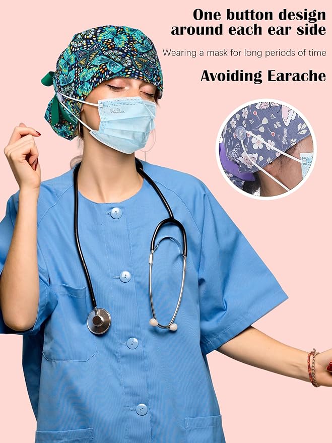 6 Pcs Satin Lined Scrub Caps Women Nurse Surgical Hat with Buttons Ponytail Working Adjustable Pouch Tie Back