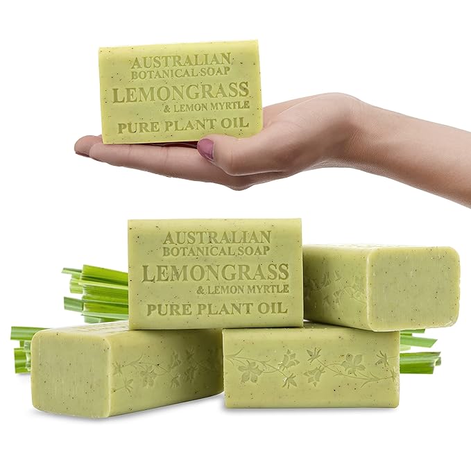 Australian Botanical Soap Lemongrass and Lemon Myrtle 6.6 oz Luxury Soap Bars Enriched with Shea Butter, Pack of 4