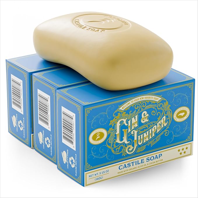 Body Wash Castile Soap Bar for Sensitive Skin – Long Lasting Natural Bar Soap for Men w/Olive Oil and Cocoa Butter - Vegan Gin & Juniper Scented by Carolina Castile, 5 oz Each
