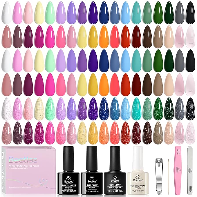 Beetles Gel Polish 44 PCS Gel Nail Polish Set 36 Colors Gel Nail Polish with Base Coat Glossy Matte & Glitter Gel Top Coat Neon Orange Jelly Blue Nude Vivid Seasons Gifts for Women