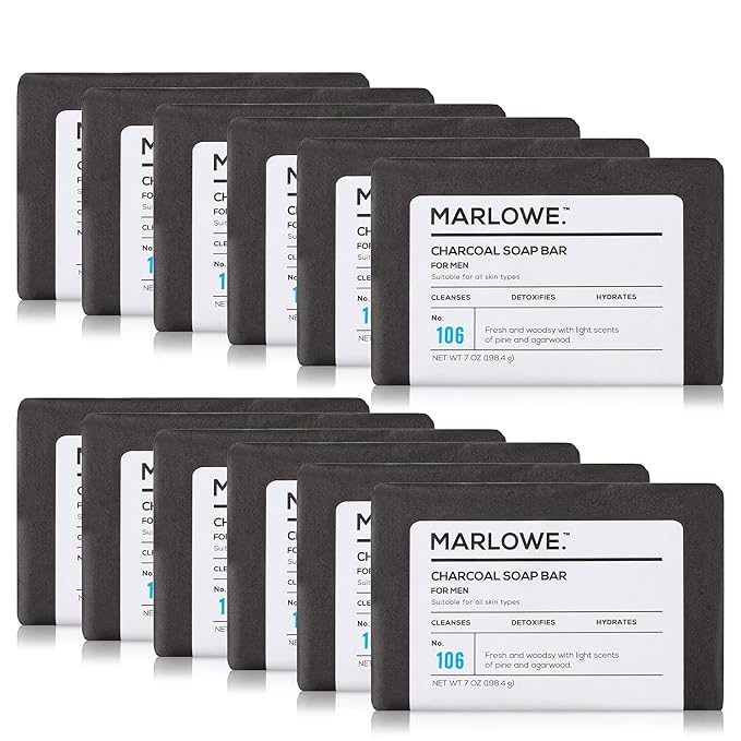 No. 106 Charcoal Soap 7 oz (12 Bars) Body Bar Soap for Men, Cleansing, Purifying & Hydrating with Natural Extracts, Shea Butter, Olive Oil & Green Tea Extracts, Fresh Woodsy Scent