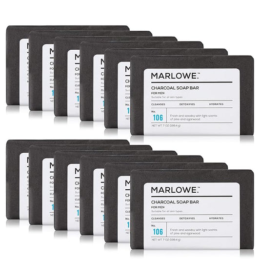 No. 106 Charcoal Soap 7 oz (12 Bars) Body Bar Soap for Men, Cleansing, Purifying & Hydrating with Natural Extracts, Shea Butter, Olive Oil & Green Tea Extracts, Fresh Woodsy Scent