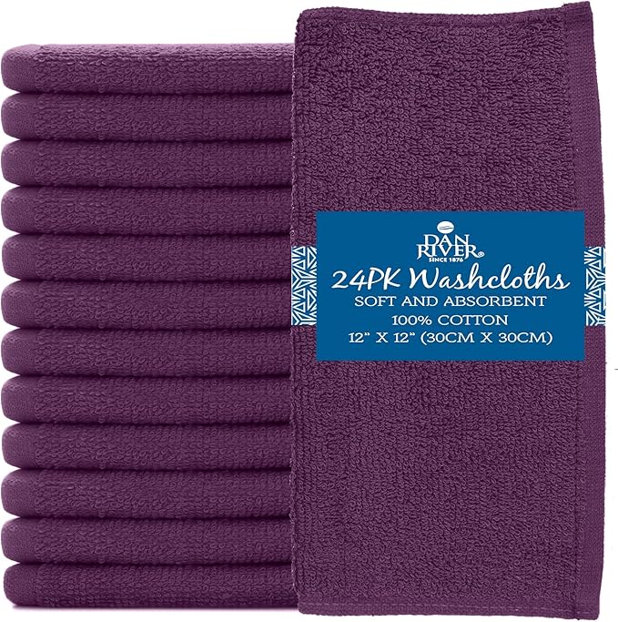 DAN RIVER 100% Cotton Washcloths 24 Pack Premium Quality Face and Body Cloth, Quick Dry Essential Towels for Bathroom, Hand, Kitchen & Cleaning, Baby Washcloths | 12X12 in | 400 GSM | Purple Passion