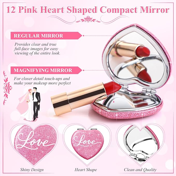 12 Sets Bridal Shower Favors for Guests Include Pink Heart Compact Mirrors Bulk Thank You Cards and Organza Bags Bridal Shower Thank You Gifts Wedding Souvenirs for Bridesmaid