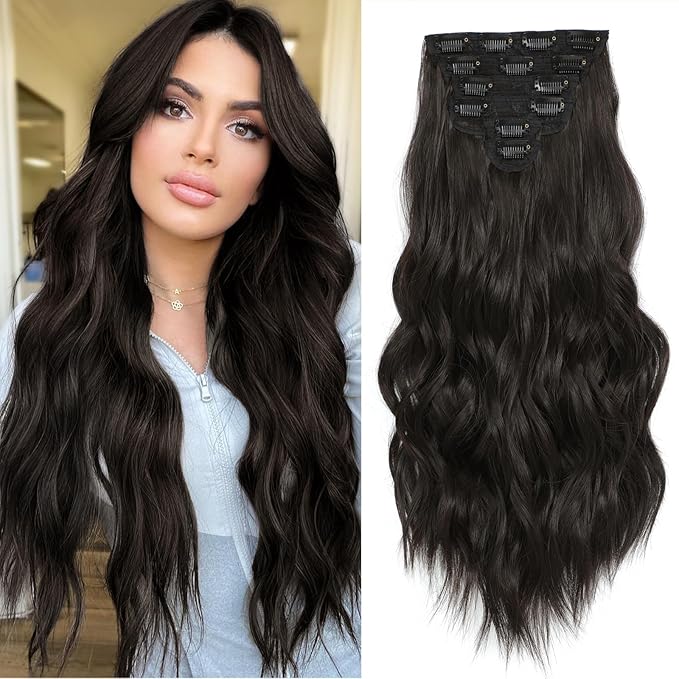 Clip in Hair Extensions for Women - 20 Inch Long Wavy Brown Extensions, 6PCS Dark Brown Hairpieces that Blend Naturally with Your Real Hair (20 Inch, Dark Brown)
