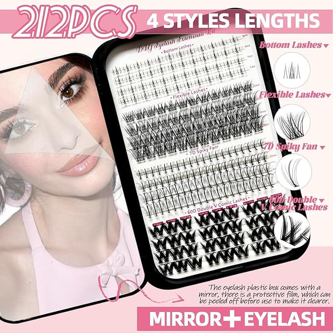 DIY Fluffy Lash Extension Kit 772Pcs D Curl 4 styles Individual Lash with Bottom Lash Clusters Lash Bond and Seal,Quick Glue Remover Tweezers Eyelash Brush Mini Applicator (LASH003)