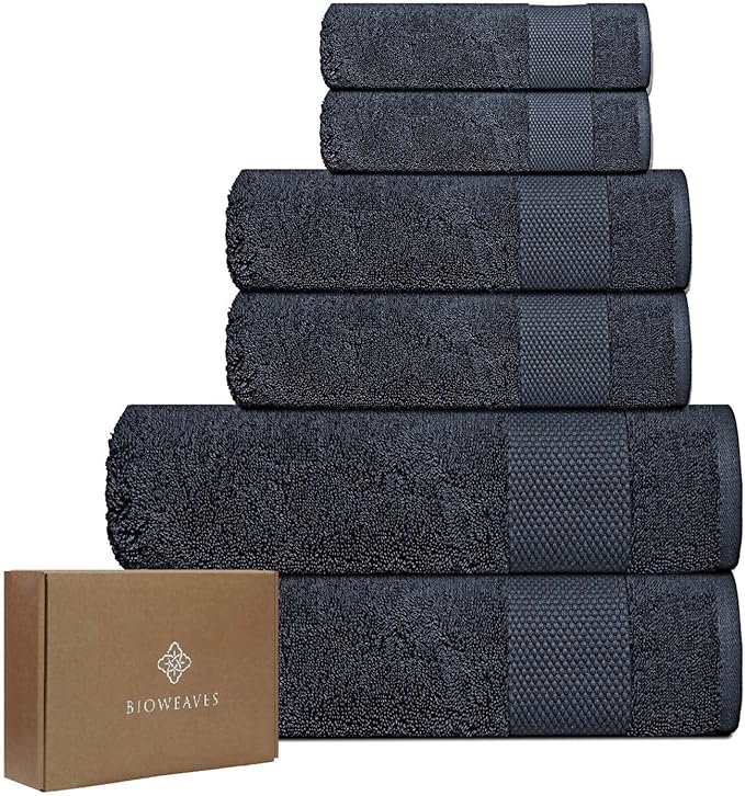 BIOWEAVES 100% Organic Cotton 700 GSM Plush 6-Piece Towel Set GOTS Certified, 2 Bath Towels, 2 Hand Towels & 2 Washcloths - Charcoal