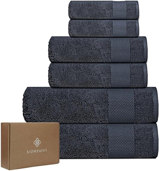 BIOWEAVES 100% Organic Cotton 700 GSM Plush 6-Piece Towel Set GOTS Certified, 2 Bath Towels, 2 Hand Towels & 2 Washcloths - Charcoal