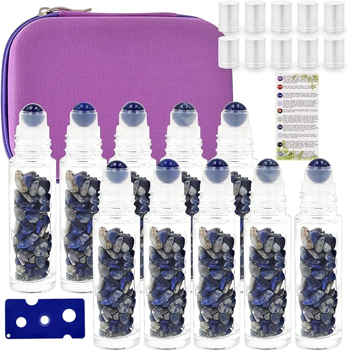 Essential Oil Roller Bottle 10ml w EVA Carrying Travel Case（Clear Glass Bottle with silver Cap、10pack、Gemstone Roller Balls、Healing Crystal Chips Inside、Opener)Gemstone Roller Ball Bottles