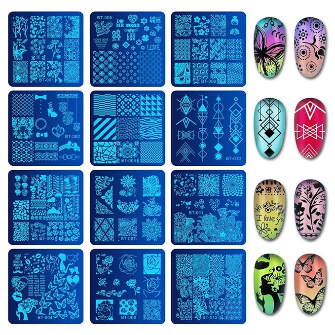 Biutee Nail Stamping Plates Set 12pcs Nail Plates 1stamper 1scraper 1storage bag Nail plate Template Image Plate Stencil Nails Tool (C)