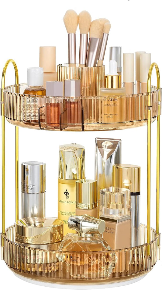 HBlife 360 Rotating Makeup Organizer, 2 Tier Perfume Organizer Skincare Organizer Large Capacity Cosmetic Storage for Bathroom, Vanity, Countertop, Glod