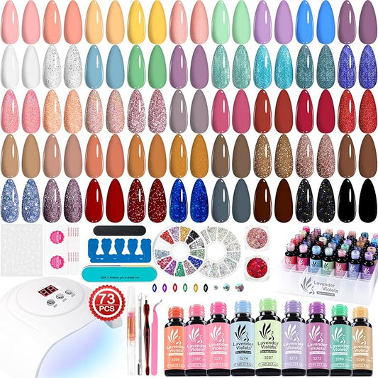 Lavender Violets 73 Pcs Gel Nail Polish Kit with U V Light, 45 Colors with Nail Primer,Builder Base,Matte & Glossy Top Coat Soak Off Manicure Tools Gifts for Women LA07