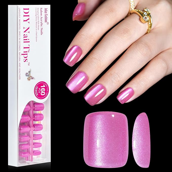 Cat Eye Press on Nails Short - Jofay Fashion Soft Gel False Nails Short Square Fake Nail with Fairy Purple Tamer, Glossy Reusable Full Cover Stick on Nails Kit for Women and Girls, 32 Sizes 160Pcs