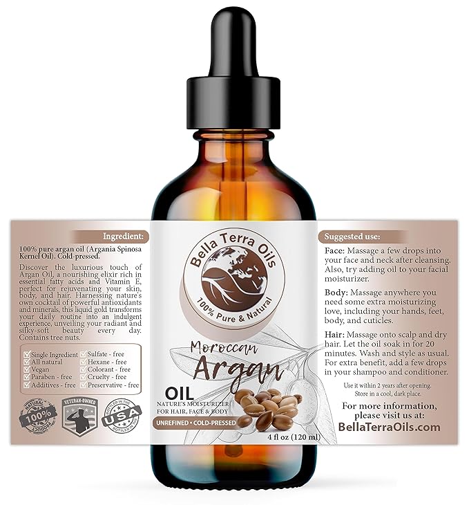 Bella Terra Oils - Argan Oil 4oz - Celebrating Argan's Nutritional Profile, Deeply Hydrating, Elevate Your Haircare & Skincare Routine