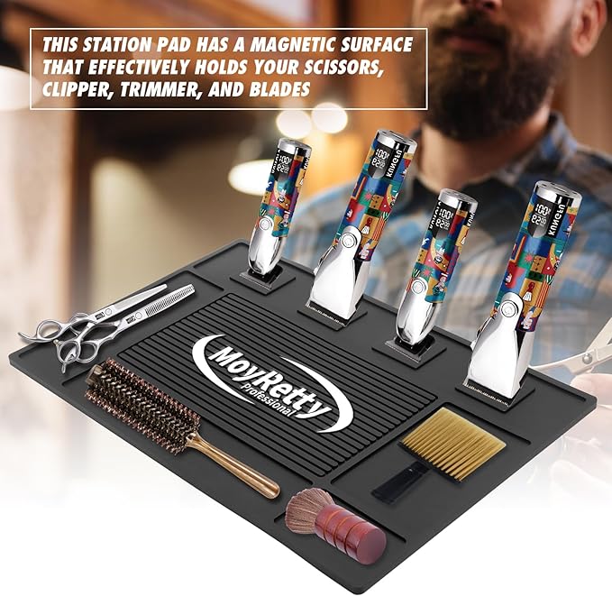 MoyRetty Magnetic Barber Organizer Mat for Clippers(17.7'' x 11.8''), Professional Anti-Slip Heat-Resistant Silicone Pad for Hair Stylist Supplies- 4 Magnets