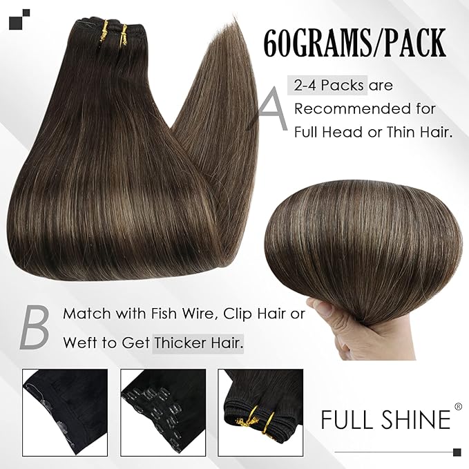 Full Shine Clip in Hair Extensions 3 Pcs 60 G Balayage Dark Brown Ombre Ash Brown Human Hair Extensions Clip ins for Thin Hair 14 Inch